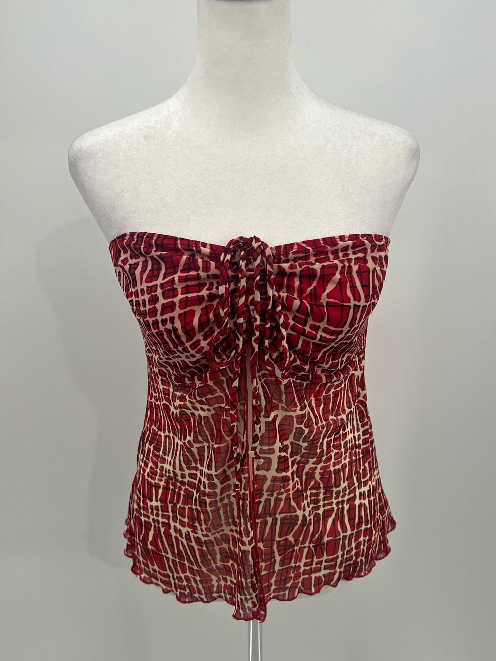 Charlotte Russe Y2K Strapless Mesh Red Patterned Bandeau Top